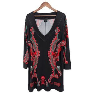 Eva Varro Tunic Top Womens XL Black Red White Green Printed Stretch Art to Wear